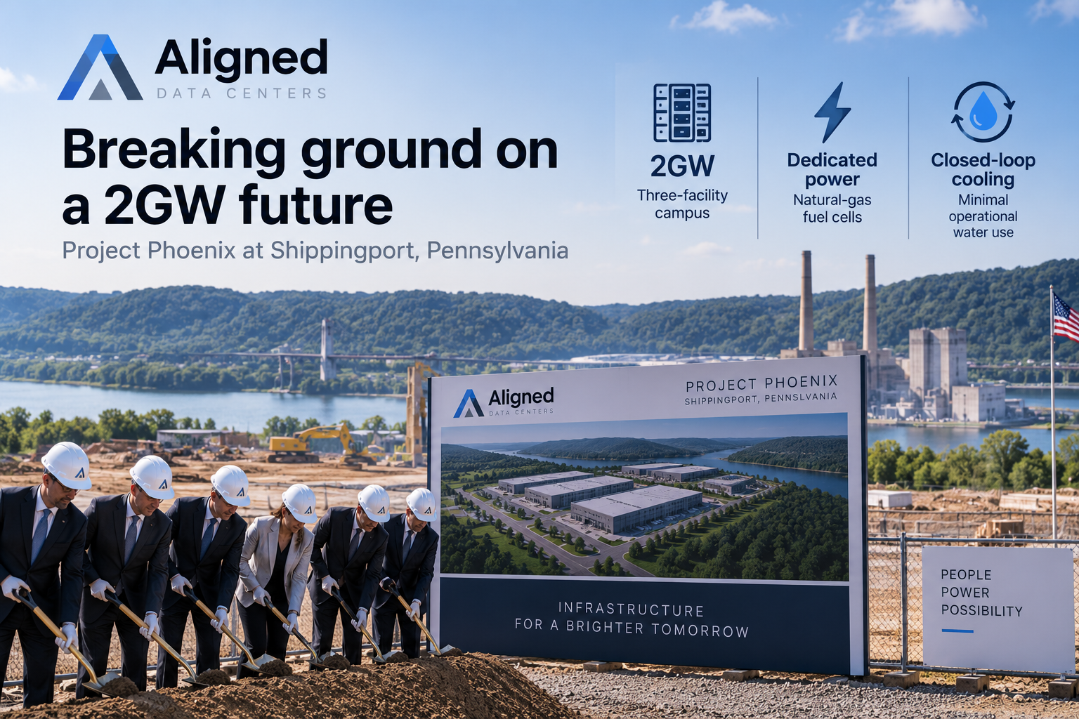 AI-generated editorial illustration of the groundbreaking for Aligned Data Centers' planned 2GW Project Phoenix campus in Shippingport, Pennsylvania