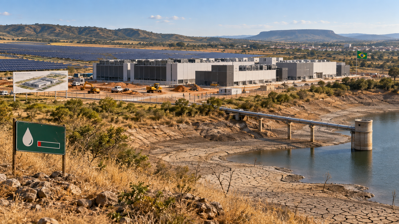 AI-generated editorial illustration of a proposed data centre beside solar generation and a low reservoir in Paracatu, Brazil