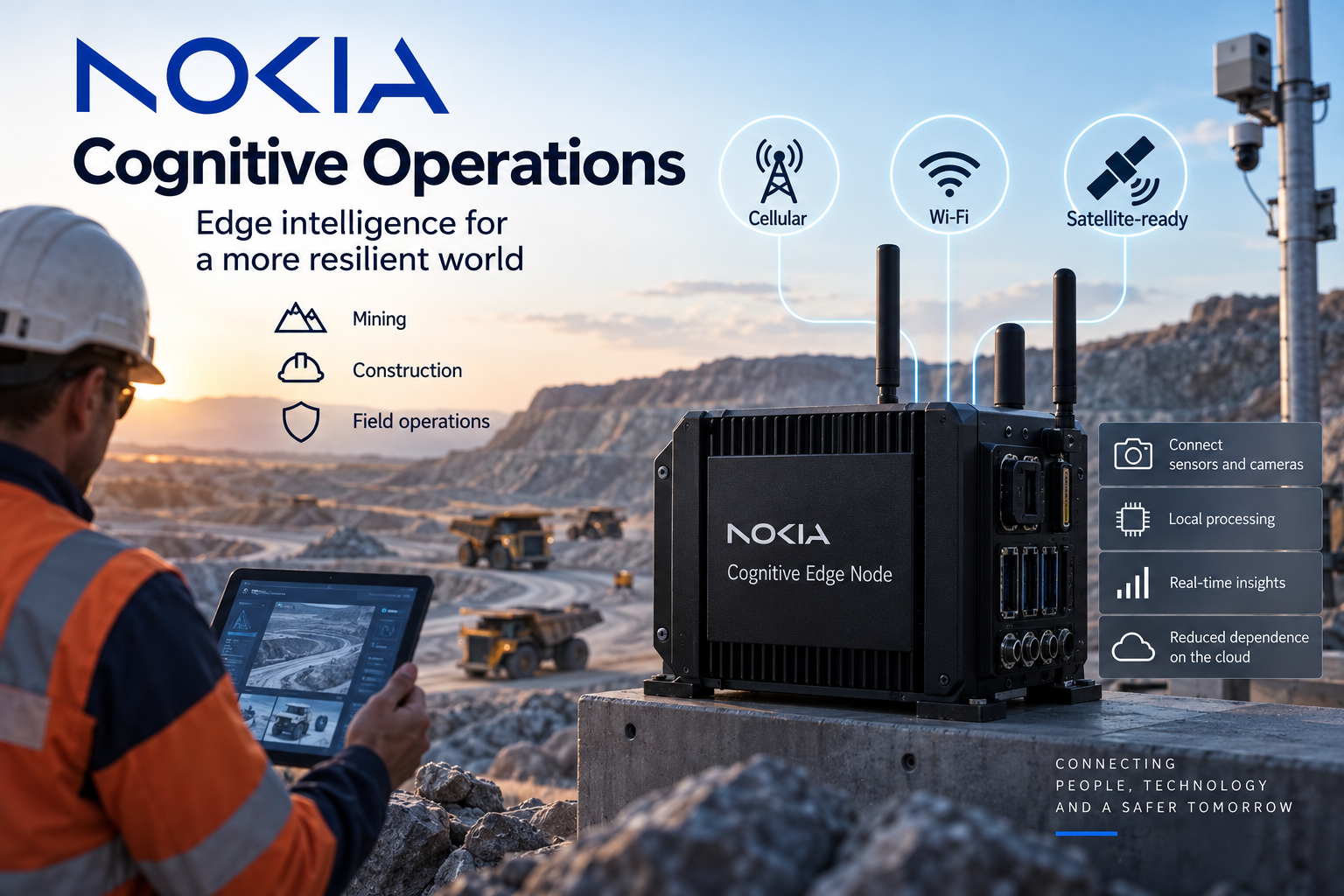 AI-generated editorial illustration of Nokia Cognitive Operations and an edge node supporting connectivity and local processing at a mining site