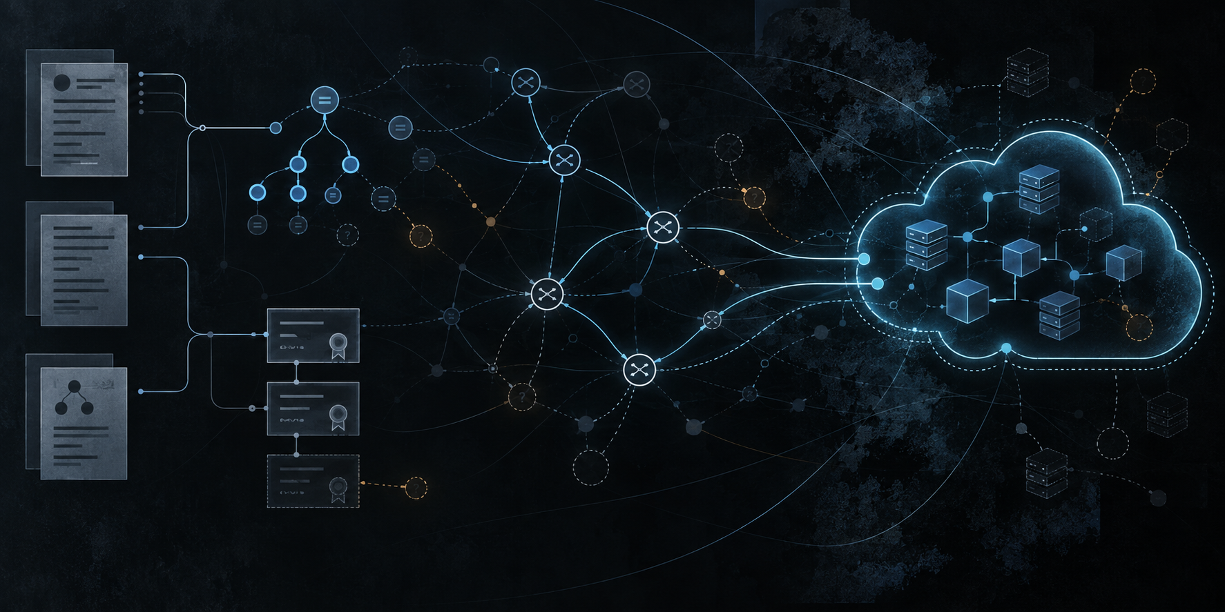 Abstract dark network-operations illustration showing routing paths, DNS nodes, certificate traces and registry records converging around an uncertain cloud-service boundary.
