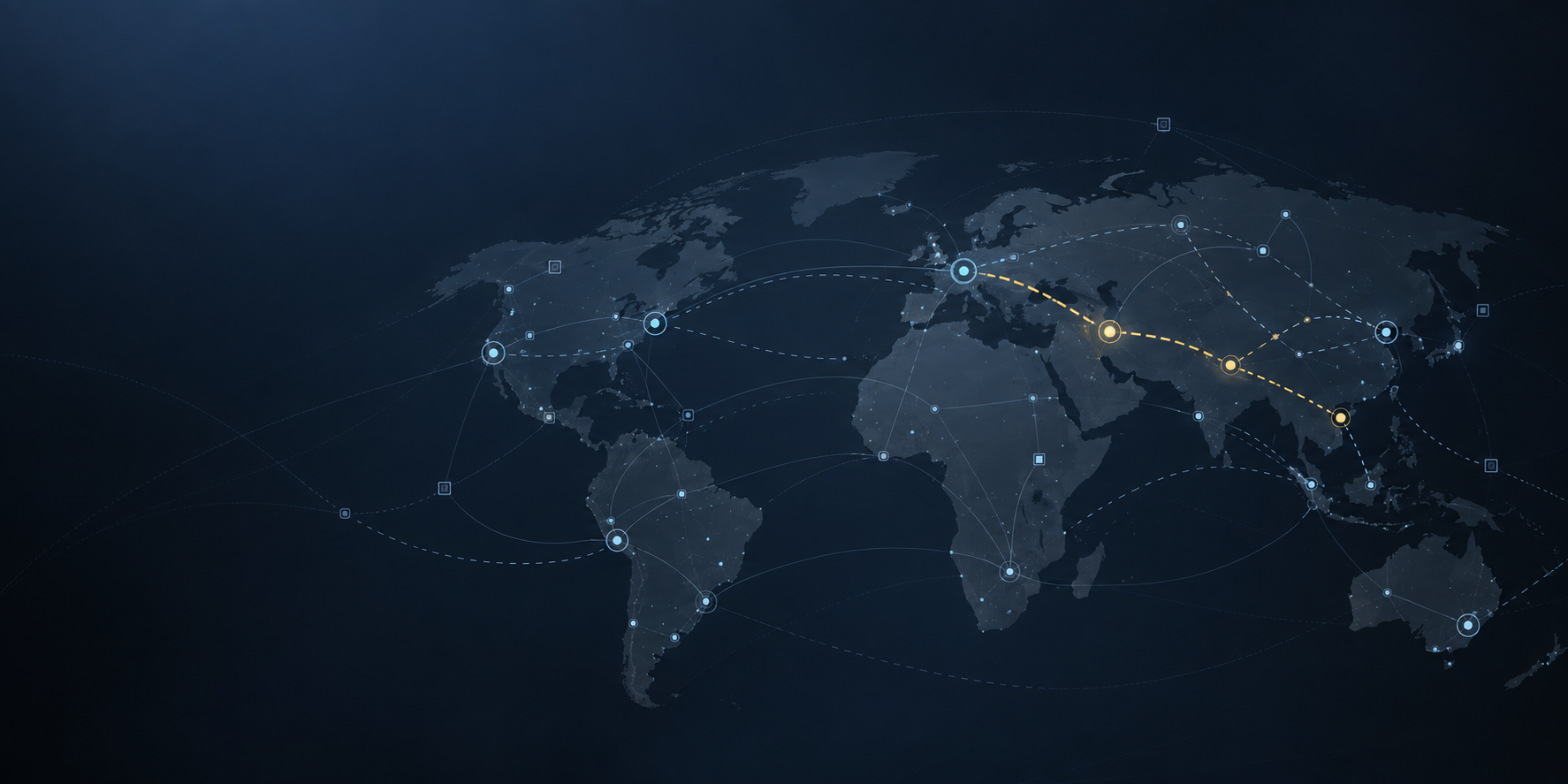 Conceptual map of Internet routing evidence, showing uncertain paths, autonomous-system nodes and measurement vantage points.
