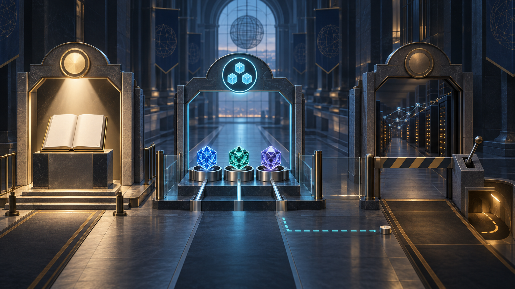 A textless specification folio, three crystalline registry tokens and a separately barred network corridor appear as successive institutional gates