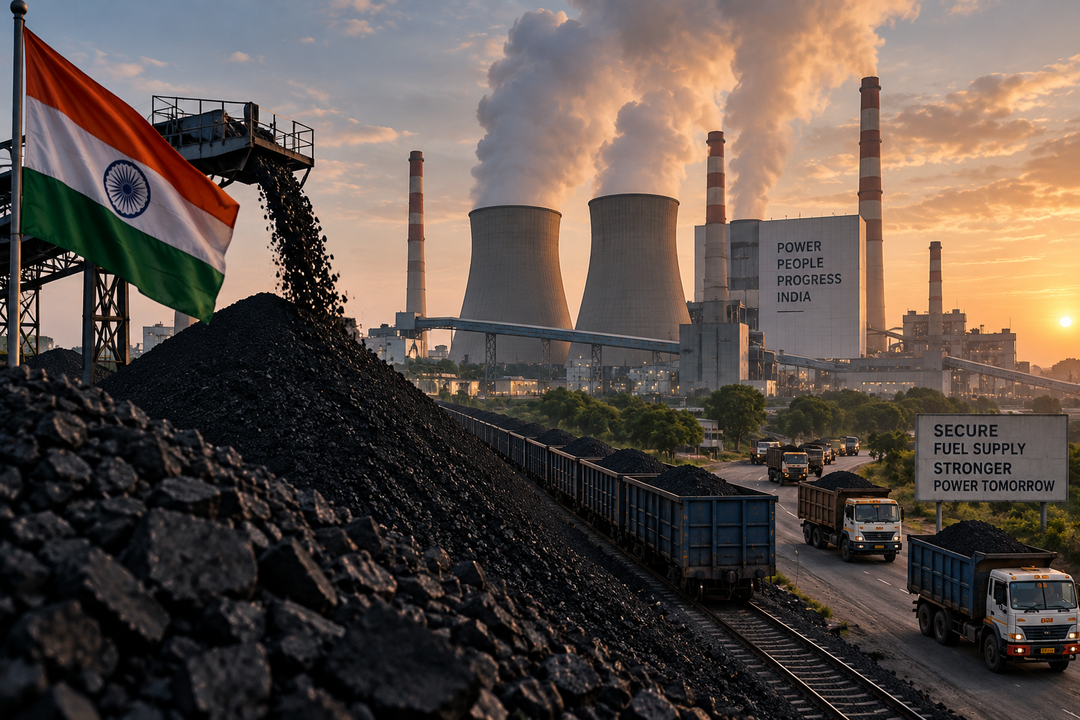 AI-generated illustration of coal trains and trucks supplying an Indian coal-fired power station