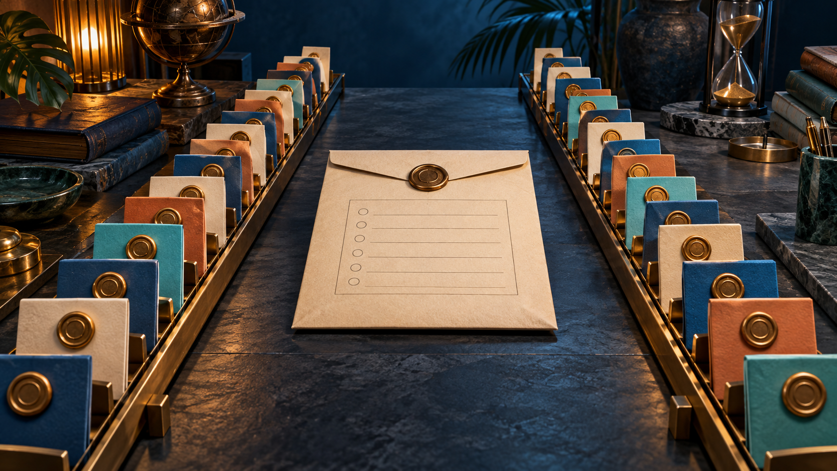 A text-free dark workbench shows two rails of paired file tiles, each with an intact seal, converging on a blank batch folio.