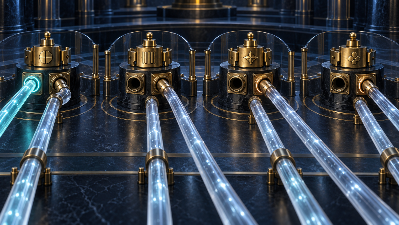 Four brass network junctions receive glass conduits; one glows in its current socket while three use adjacent legacy sockets and intact parallel paths.