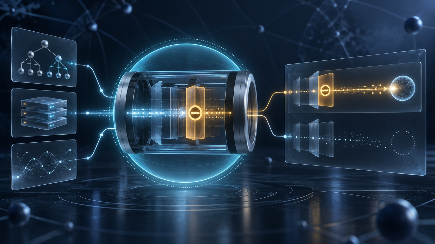 An abstract resolver chamber marks an active exception while one comparison path completes and another fades before an outcome.