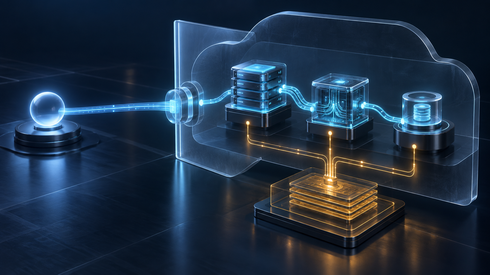 A single peer connects to one federation endpoint while three internal service modules link to a separate amber accountability ledger.