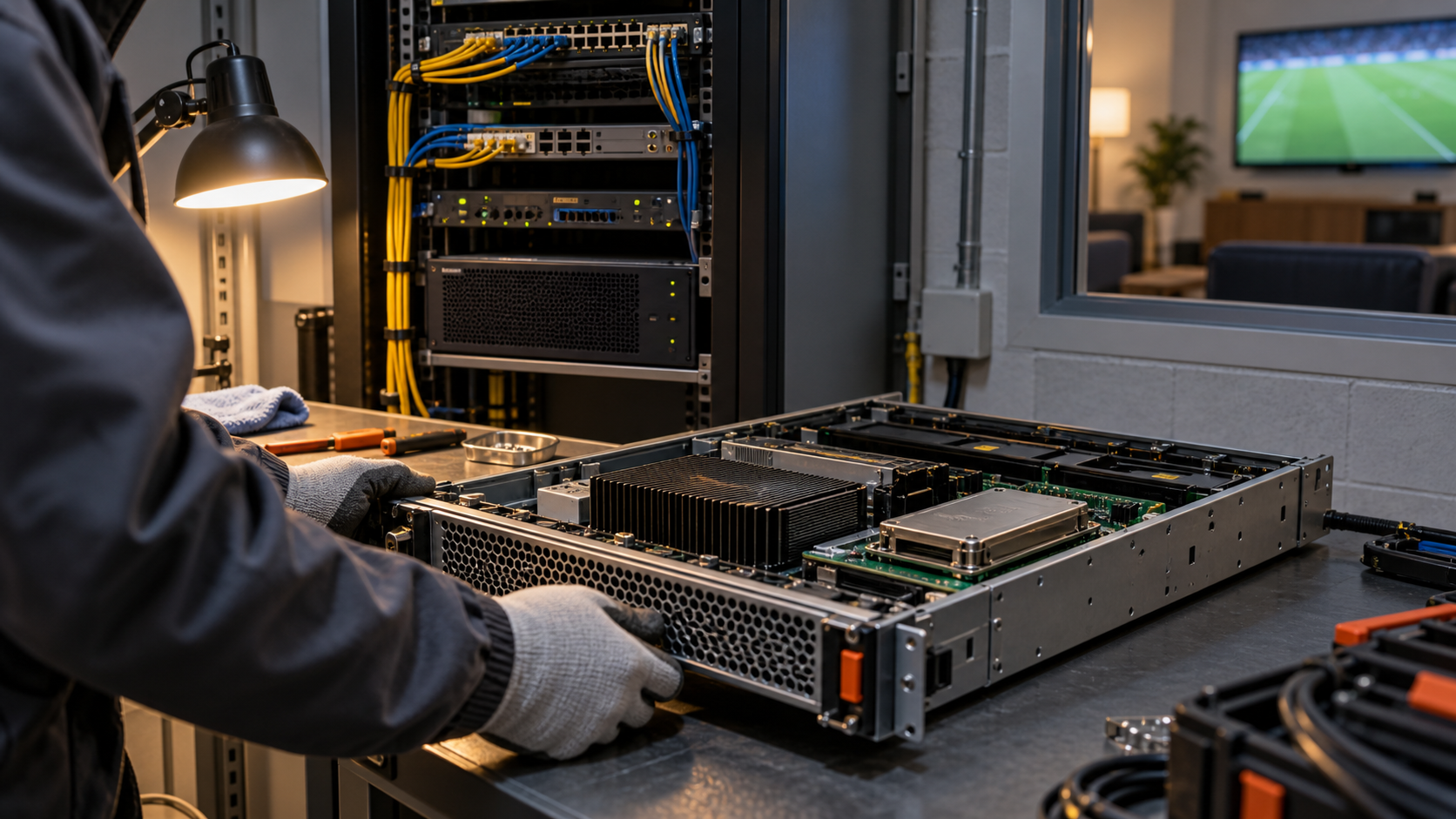 An anonymous technician holds an open server tray in a compact network room, with an existing equipment cabinet and a separate television demonstration area behind.