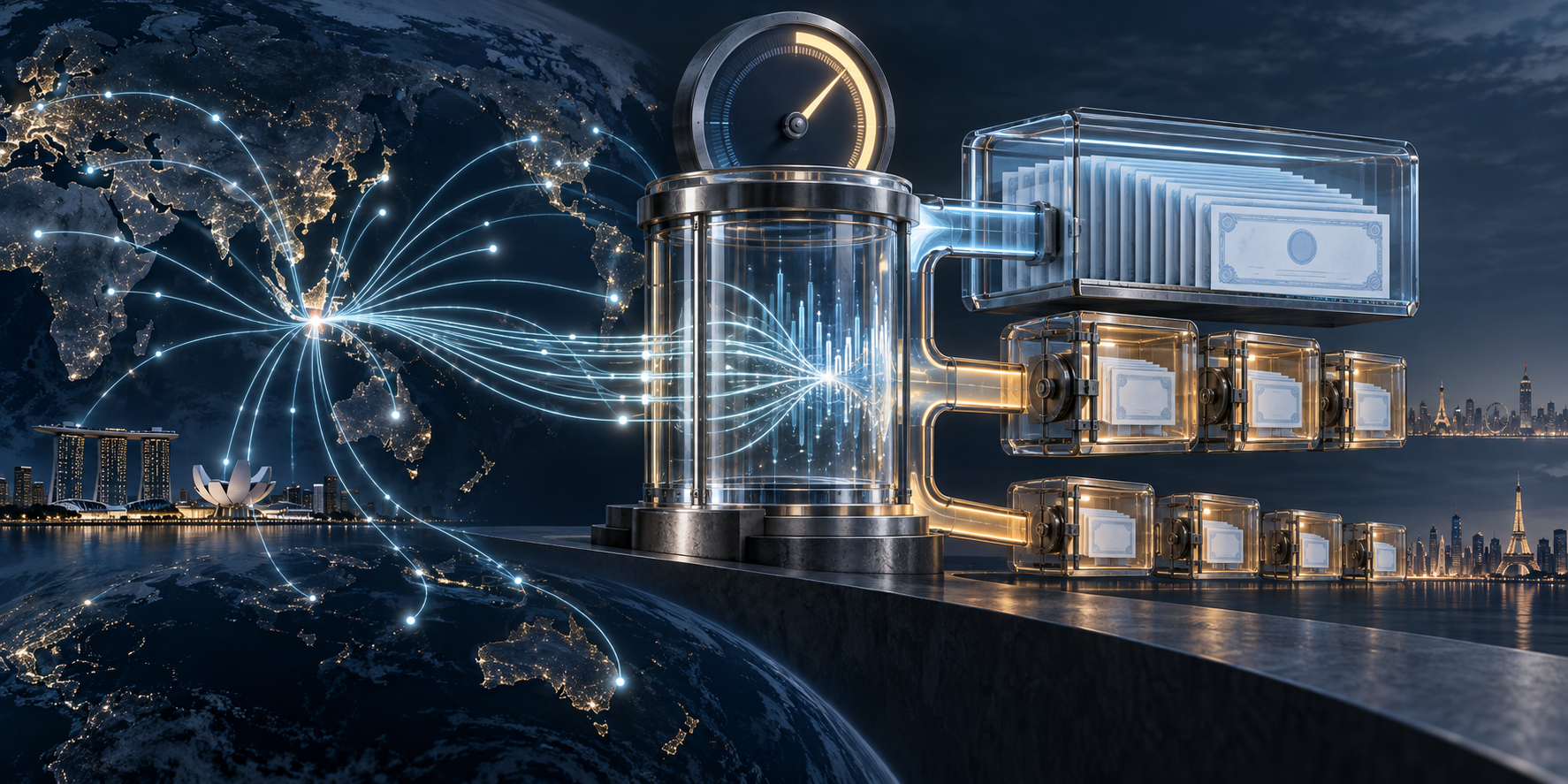 Global payment routes converge on a future-price dial before Circle share certificates split into an immediate block and two gated holdback schedules.