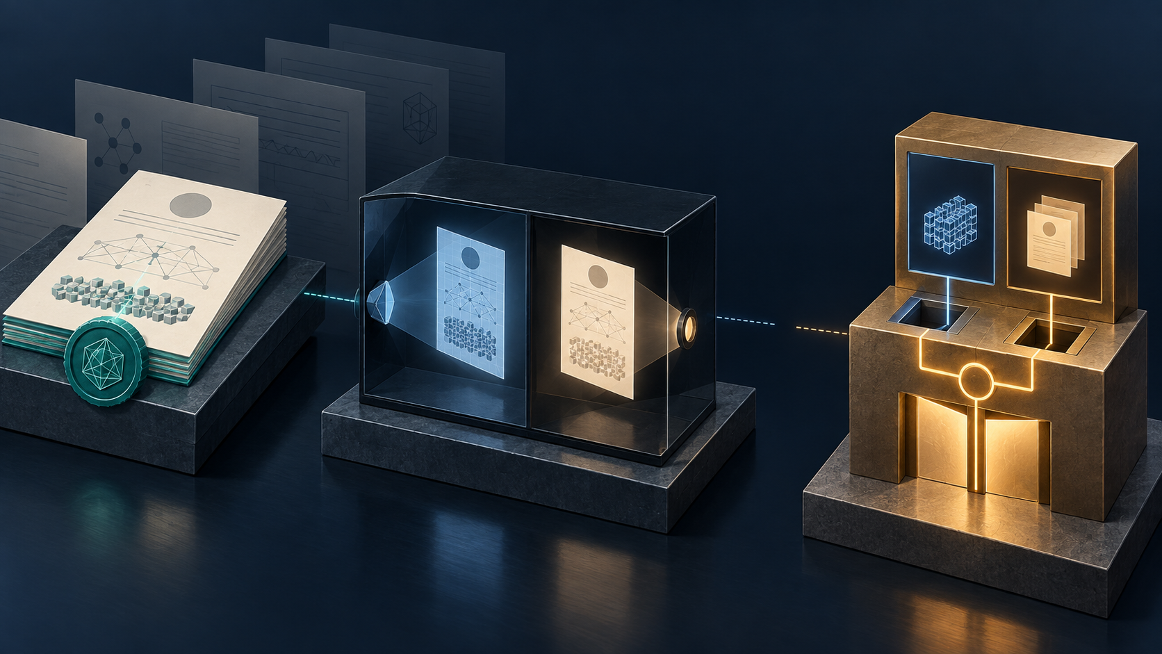 A sealed transaction passes through split glass projections toward a separate amber decision checkpoint.
