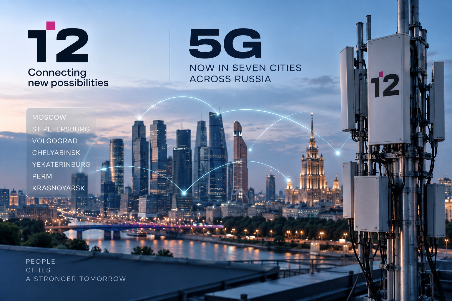 AI-generated editorial illustration of T2’s 5G rollout in Russia, showing telecom equipment, a Russian city skyline and the seven launch cities.