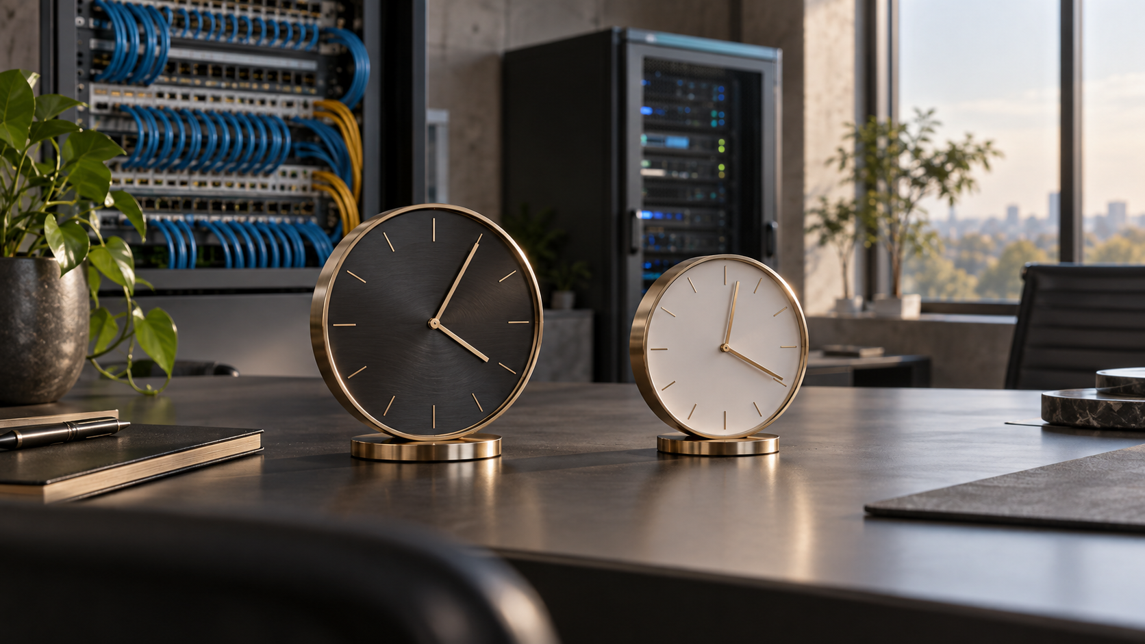 Two unnumbered desk clocks in a fictional telecom planning room with generic enterprise network panels and a server cabinet.