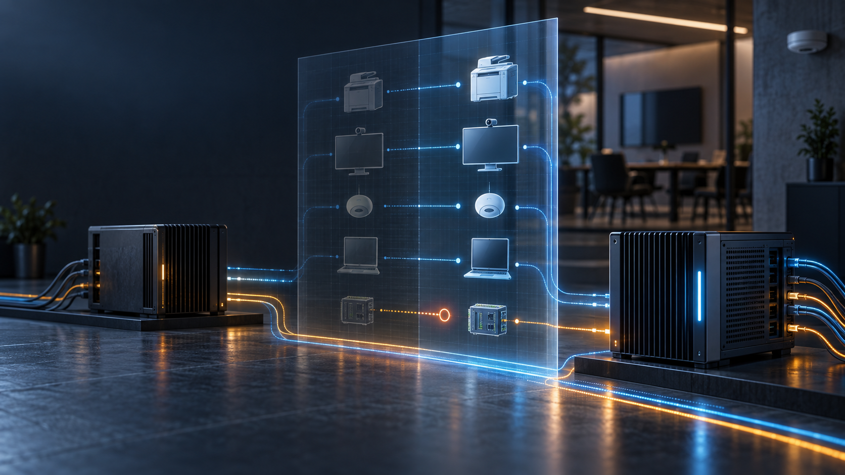Wordless editorial illustration of an old and a newly preferred local discovery server on opposite sides of a reconciliation plane, with printer, display, sensor, workstation and controller paths aligned except for one unresolved service.
