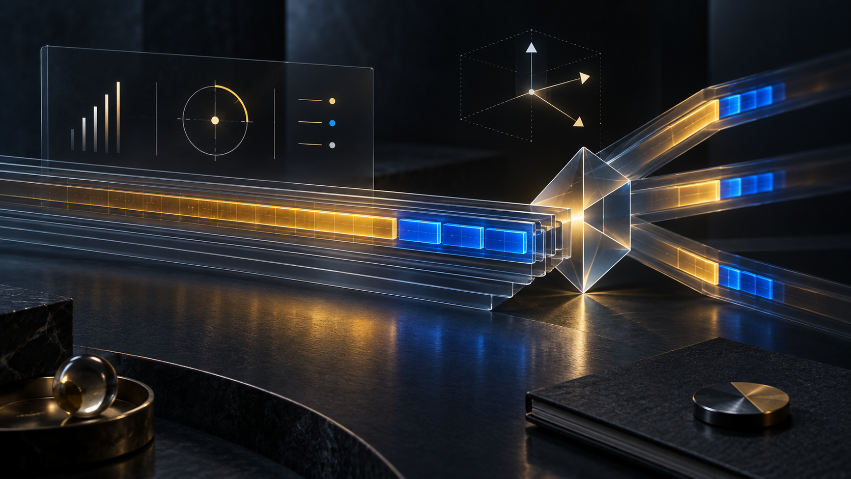 Abstract MPLS label-stack rails carry a fixed amber sequence band and changing blue segments through an unresolved branching prism.