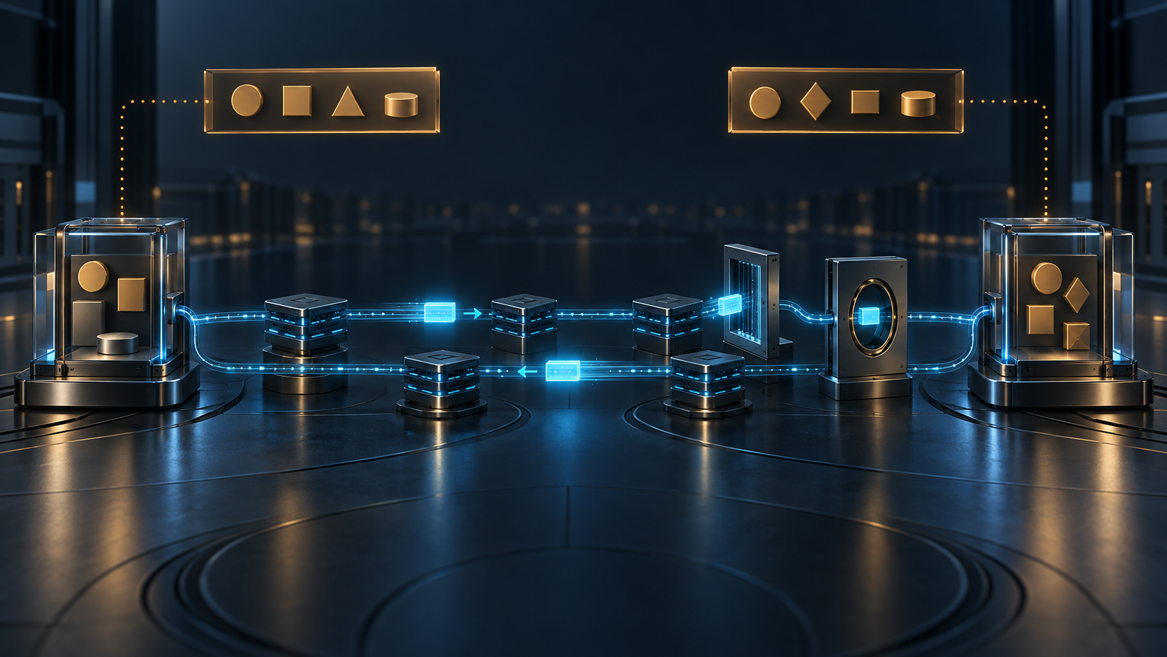 Wordless editorial illustration of two MPLS STAMP endpoints with visibly different local configuration modules, a completed cyan probe exchange, and a deliberate unbridged gap between the parameter sets.