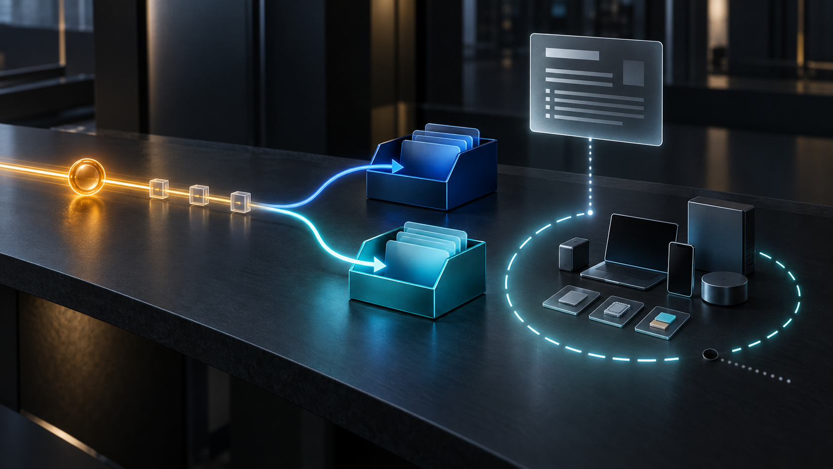 An amber vulnerability report splits into cobalt infrastructure and cyan product inboxes beside devices enclosed by an open boundary.