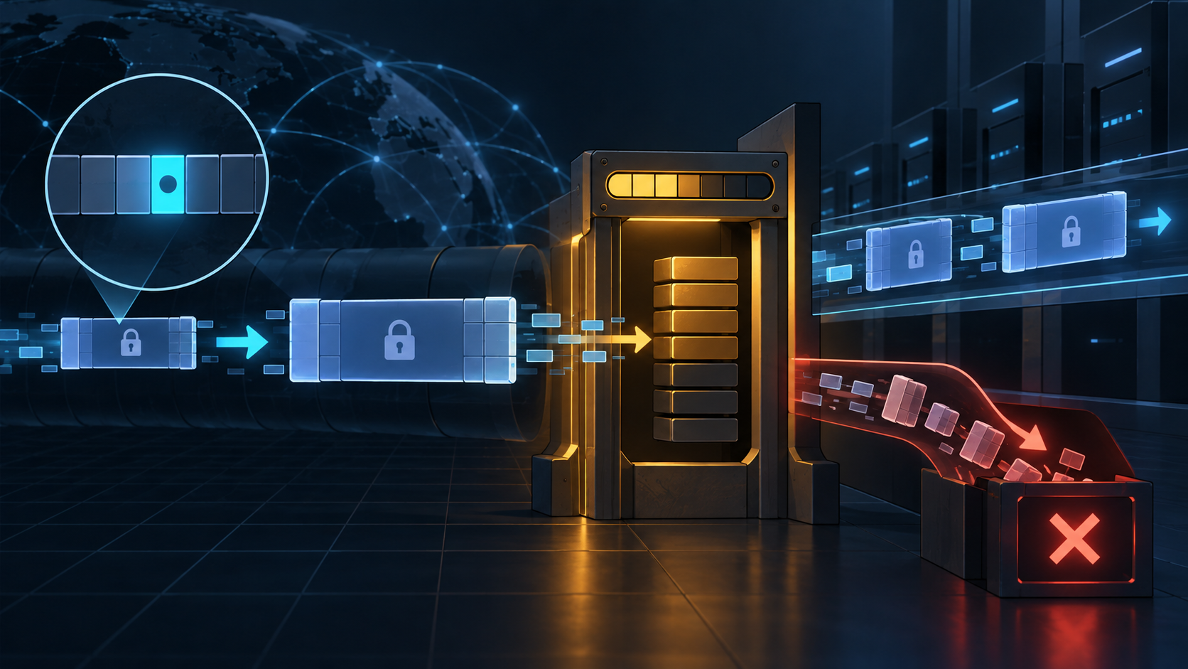 A cyan format bit opens a wider encrypted payload before a separate amber gate with finite resource blocks; overflow follows a red rejection lane.