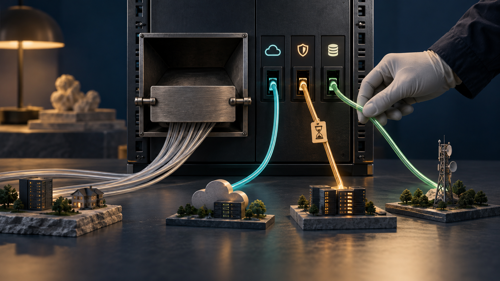 Wordless editorial illustration of a broad legacy network intake being constrained beside distinct purpose-specific fibre routes, an hourglass exception tag and an accountable guiding hand.