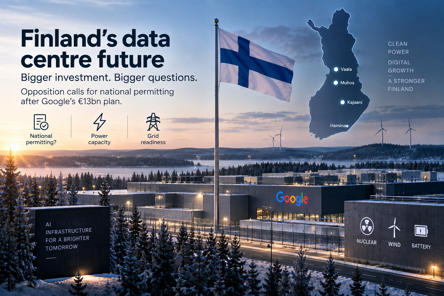 AI-generated editorial illustration of a Google-branded data centre in Finland with wind turbines, power infrastructure and a map marking Hamina, Kajaani, Muhos and Vaala.