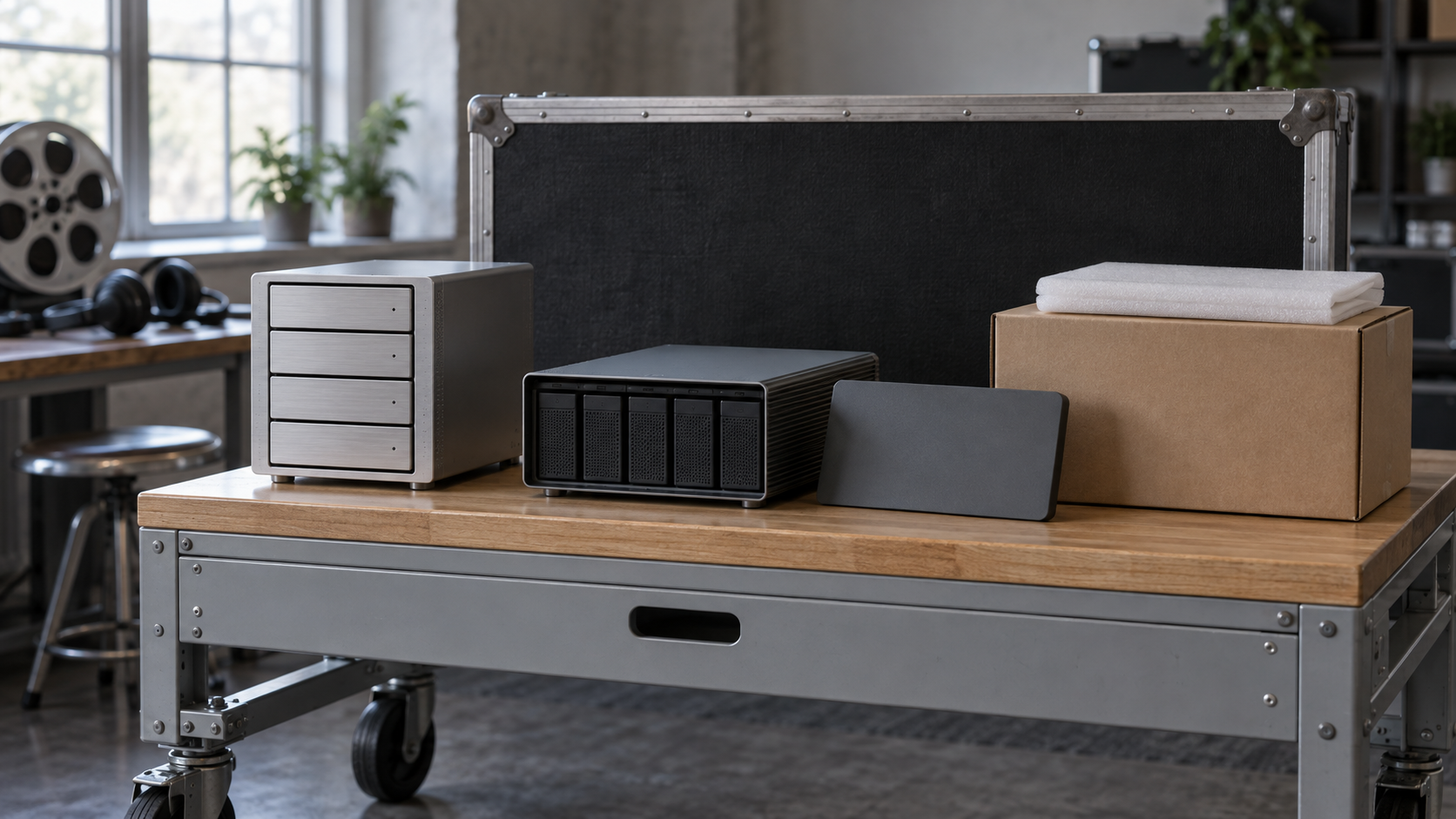 Two separate unbranded storage enclosures and a closed cardboard box sit on a media-production cart before a flight-case lid, with a film reel and headphones behind.