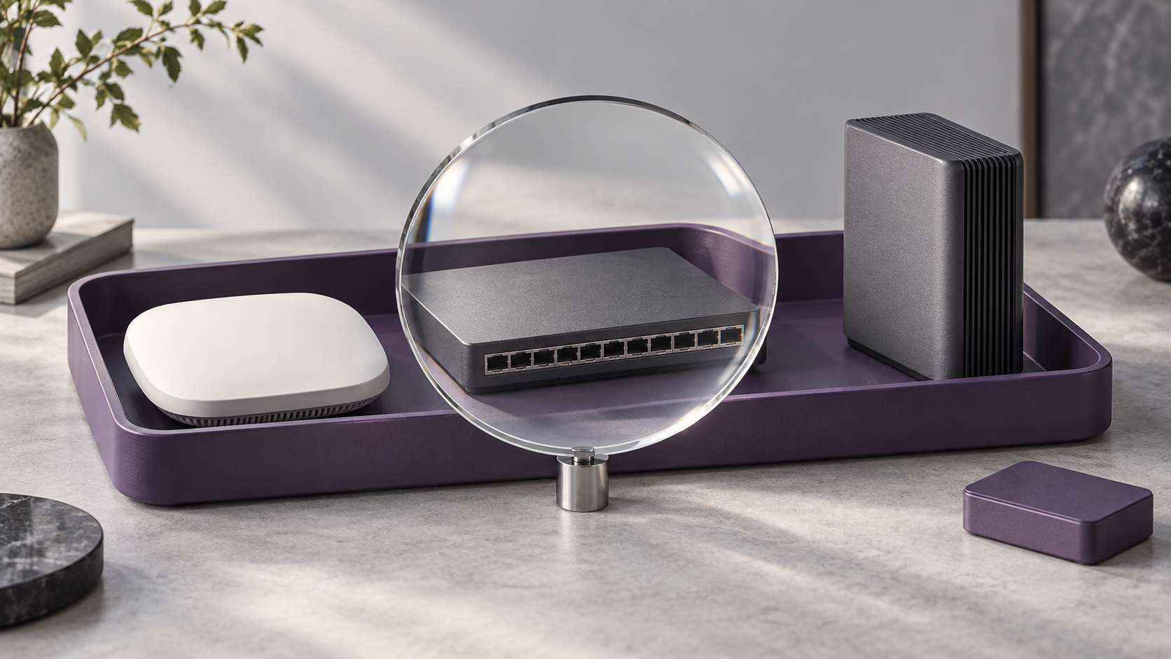 Three unbranded network devices share a violet tray, with a glass lens over the central device and a separate violet module beside it.