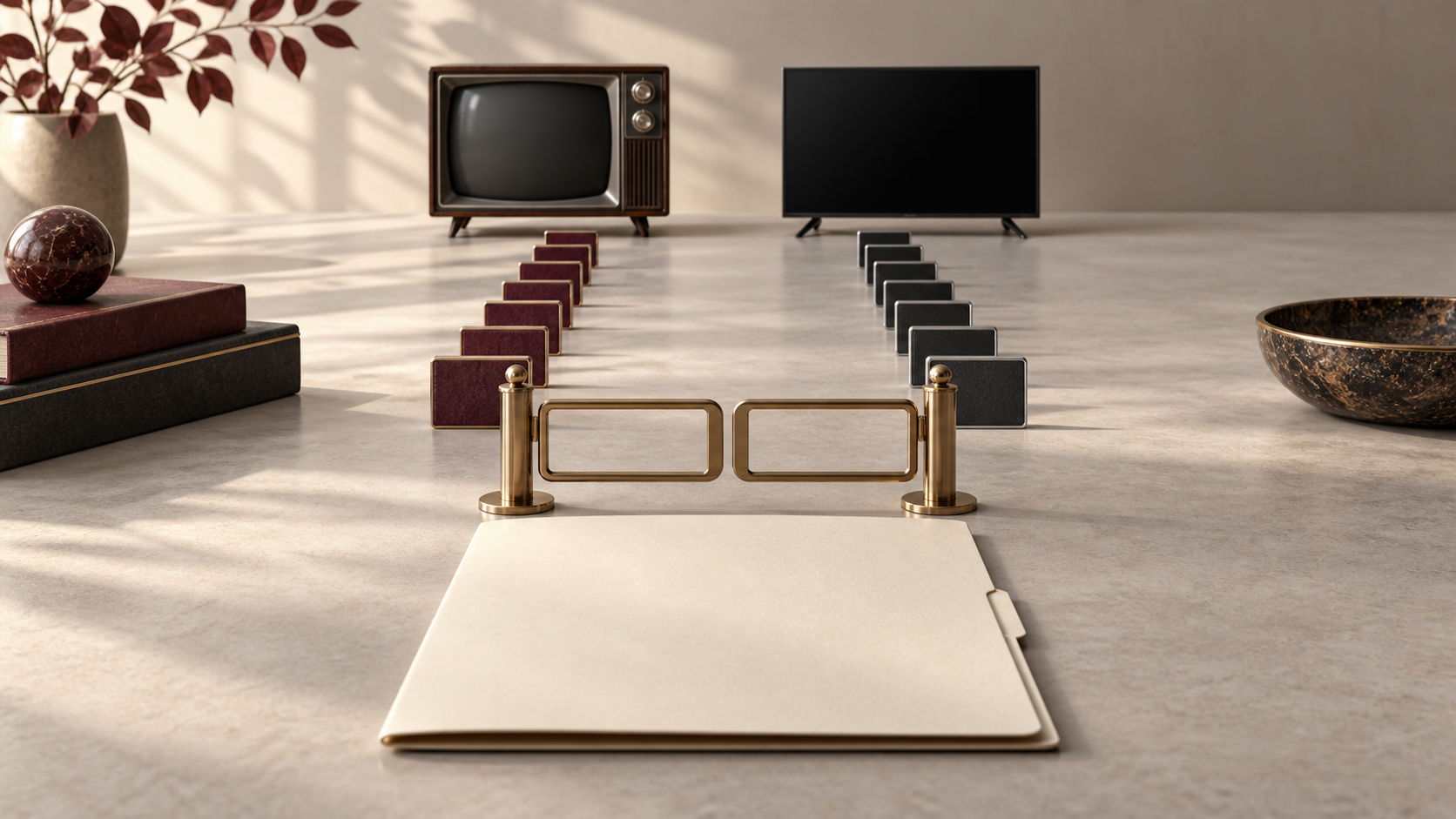 A plain folder faces a brass gate and two separate tile paths leading to classic and modern television sets.