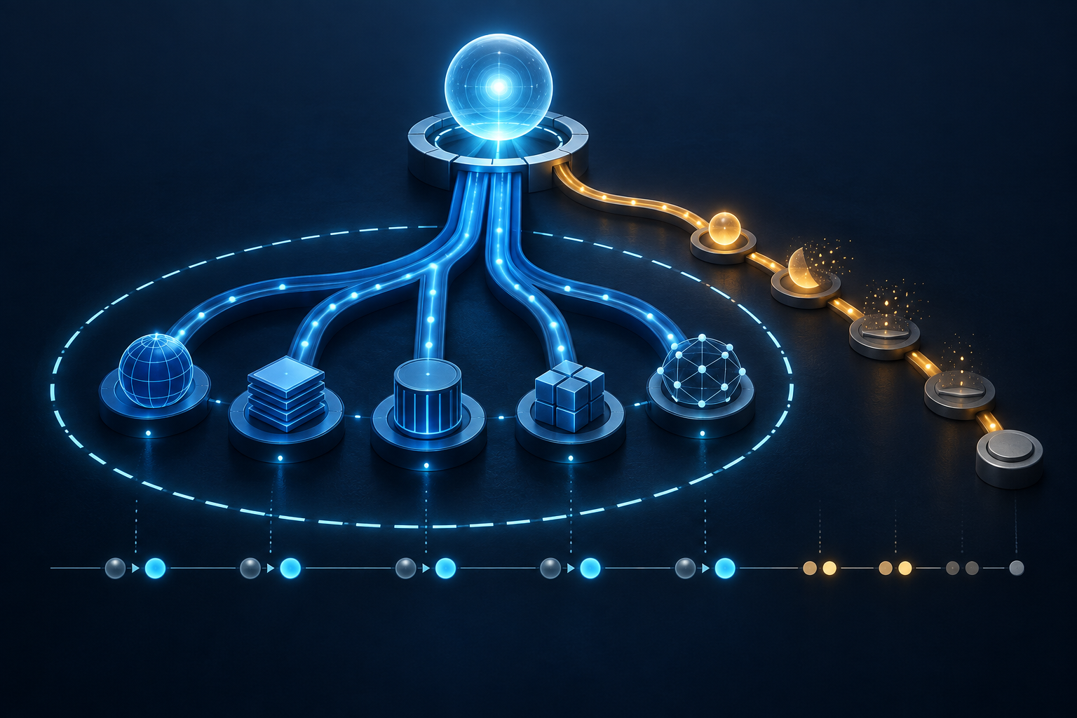 A blue DNS core with five protected functions continues while an amber alternative-name branch winds down through recorded state changes.