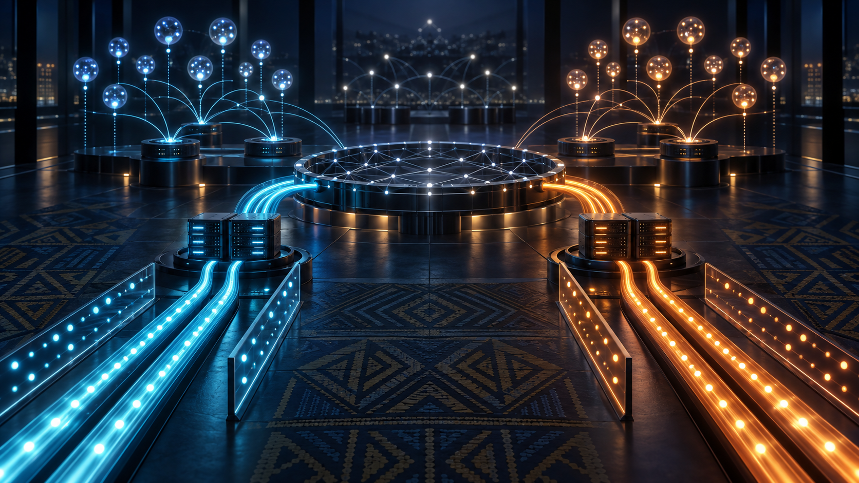 Two separate cyan and amber network channels enter one circular exchange fabric, then branch toward distinct constellations of DNS query lights in a dark indigo room.