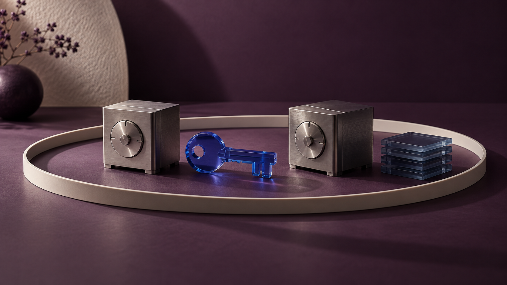 Two abstract steel vault modules, a blue glass key and stacked translucent history tiles inside an ivory boundary, illustrating a geographic limit for cloud-key recovery.
