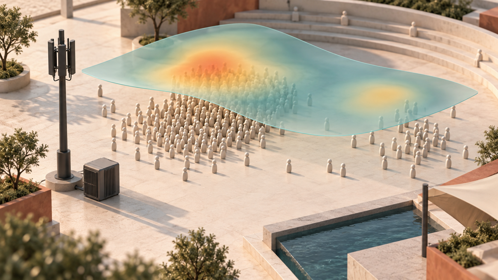 Conceptual AI illustration of featureless crowd figures beneath an aggregate density layer beside a radio mast and edge-computing block.