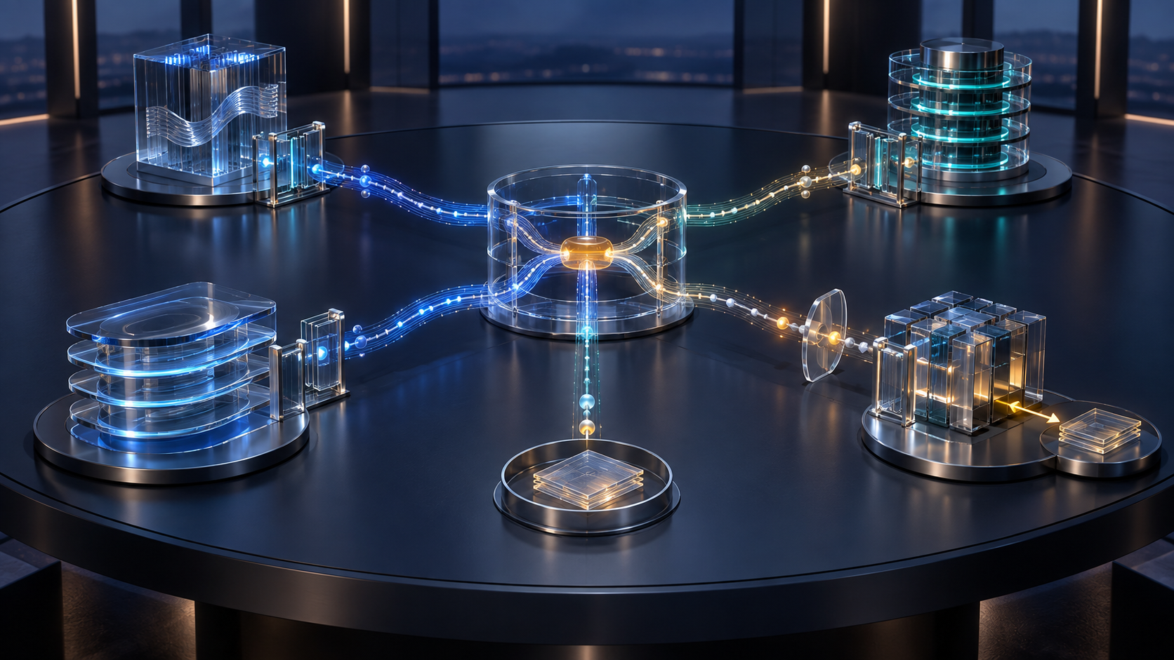 Four abstract institutional consoles exchange an amber incident request through a transparent routing manifold with separate decision gates and a protected evidence tray.