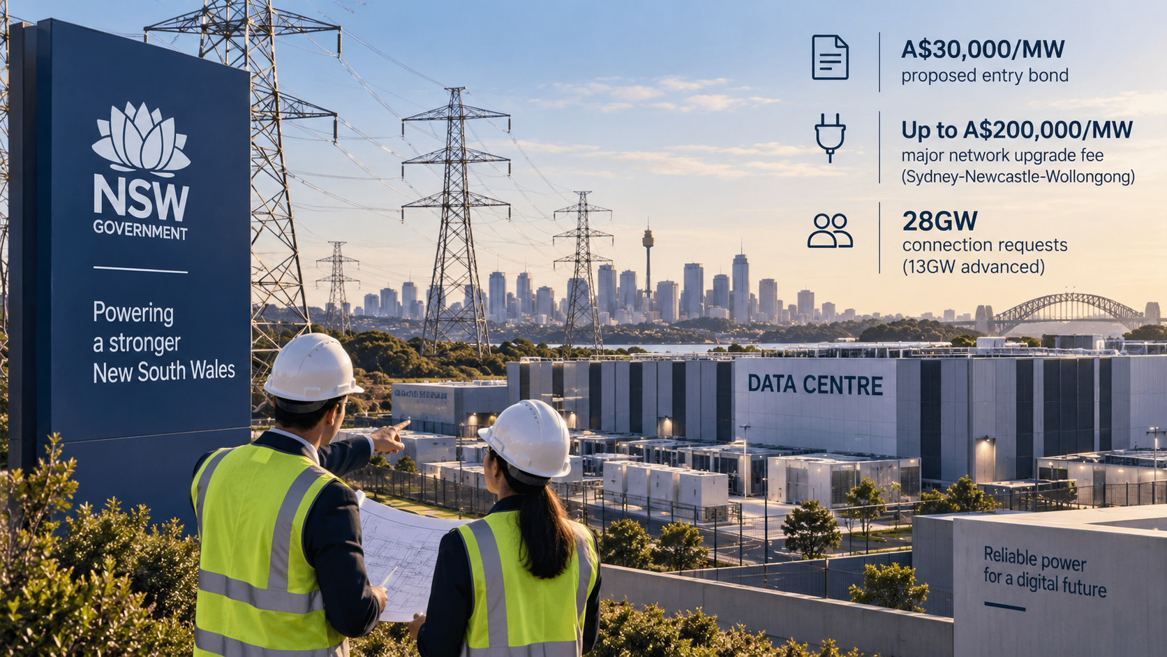 AI-generated illustration of a NSW data centre connected to high-voltage infrastructure, with proposed entry bond and network upgrade fee figures.