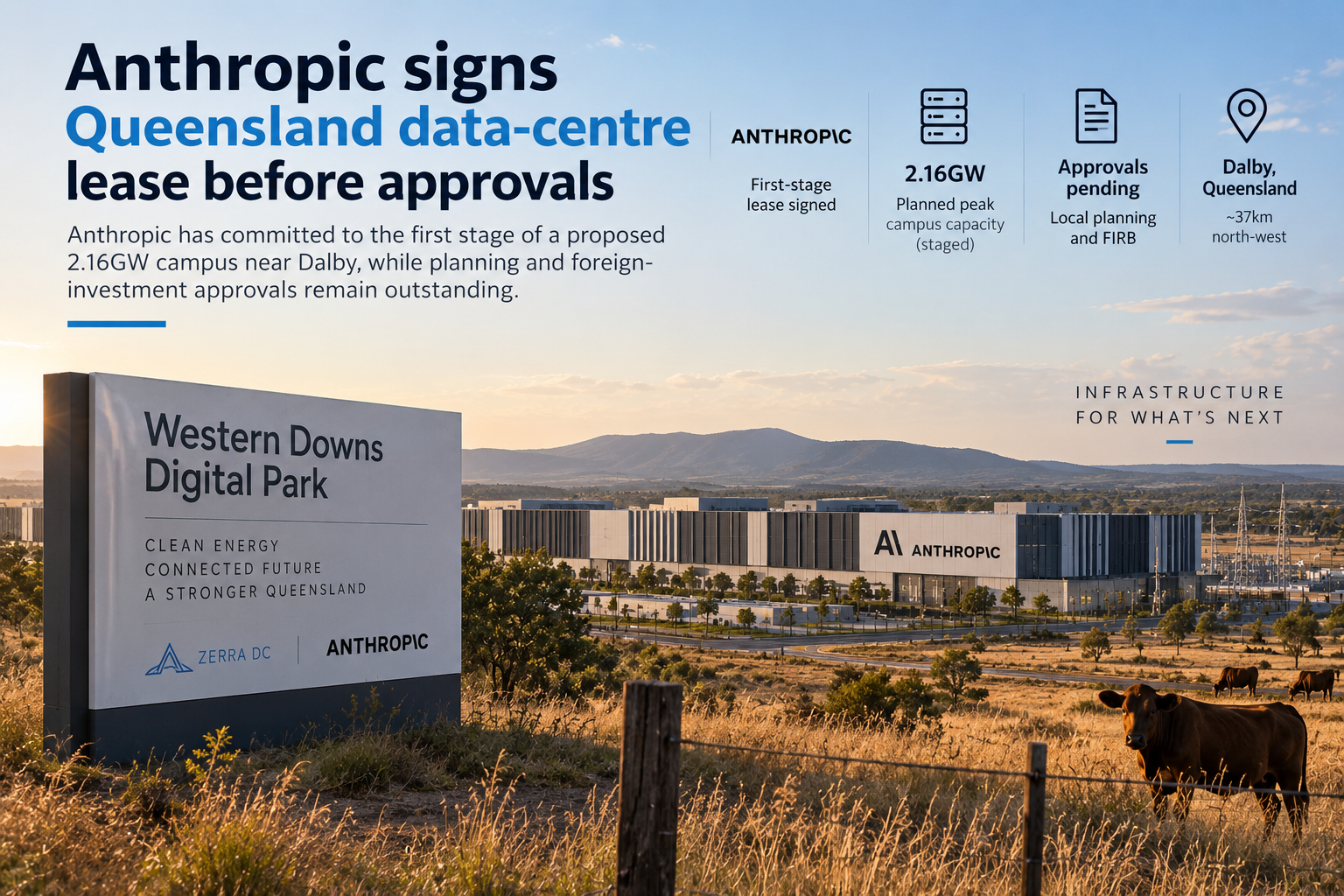 Editorial illustration of the proposed Western Downs Digital Park near Dalby with Anthropic as a first-stage tenant