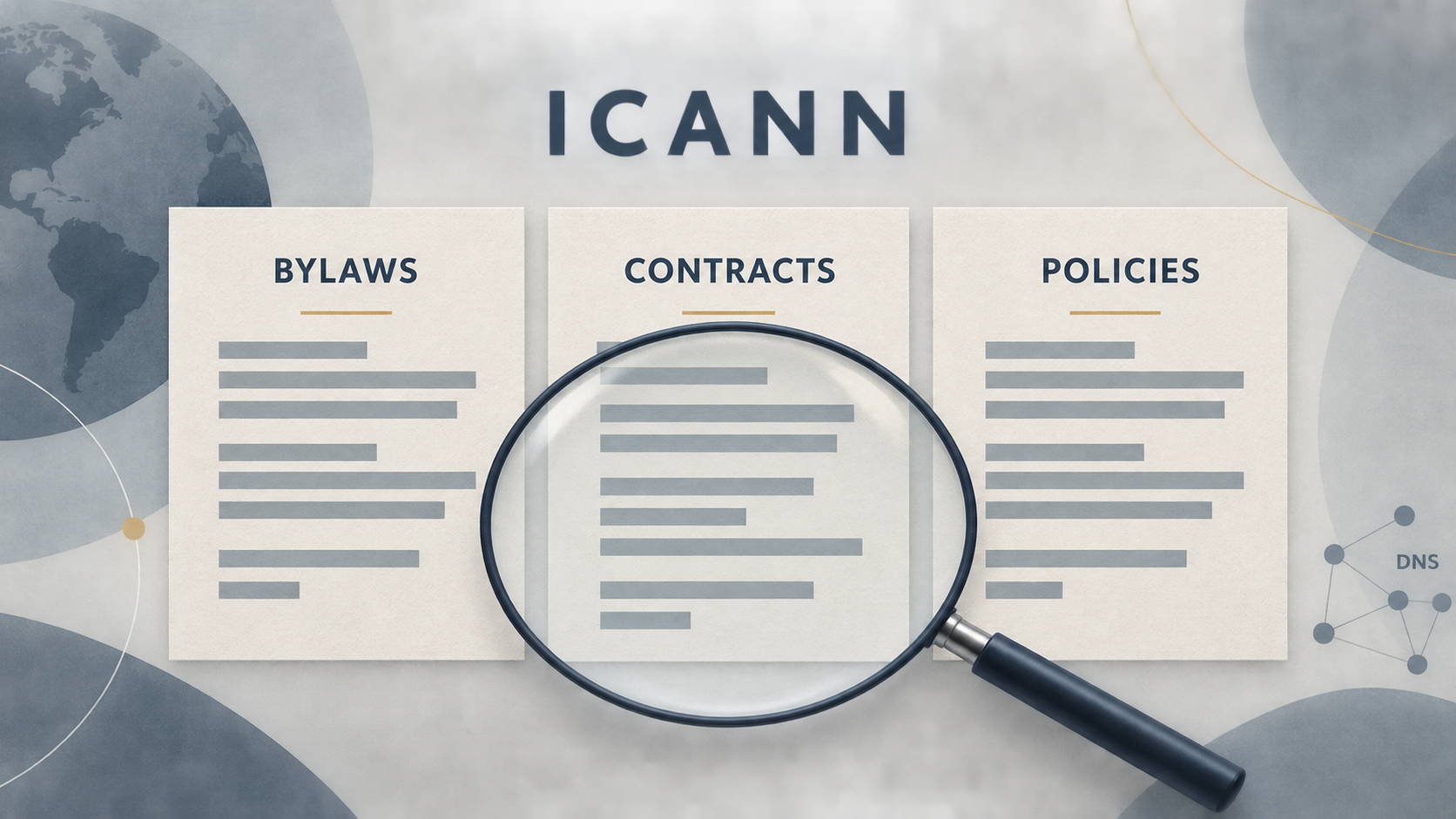 Three side-by-side cards labelled BYLAWS, CONTRACTS and POLICIES beneath ICANN, with a magnifying glass and a small DNS network motif.