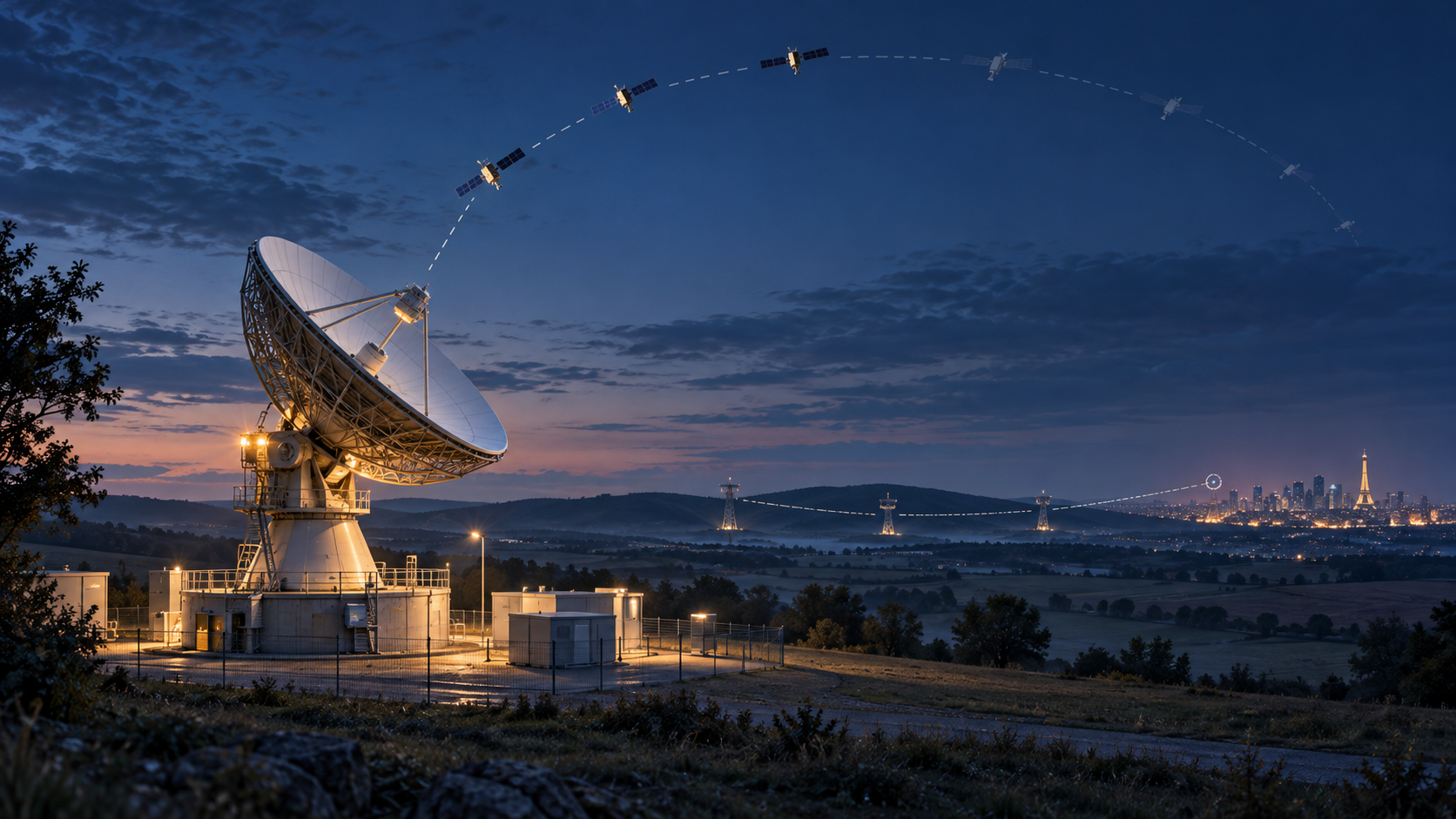 A completed satellite gateway stands illuminated while separated space and terrestrial links remain incomplete toward a distant city node.