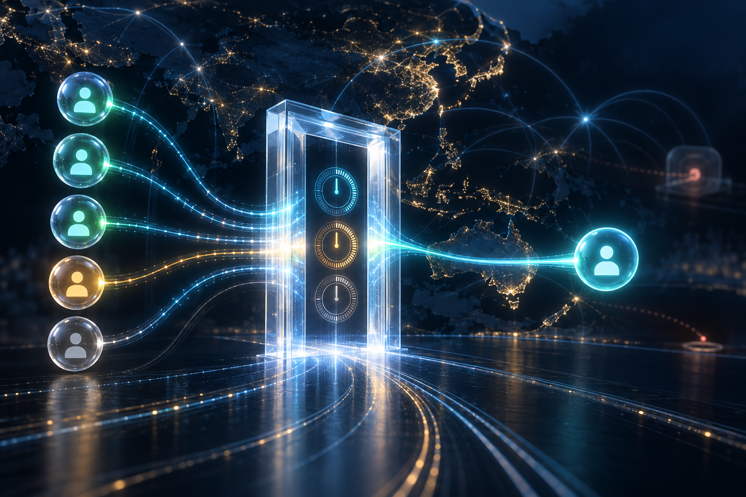 Several anonymous IRT contact-state nodes pass through three policy clocks into a login gateway across an Asia-Pacific network map.