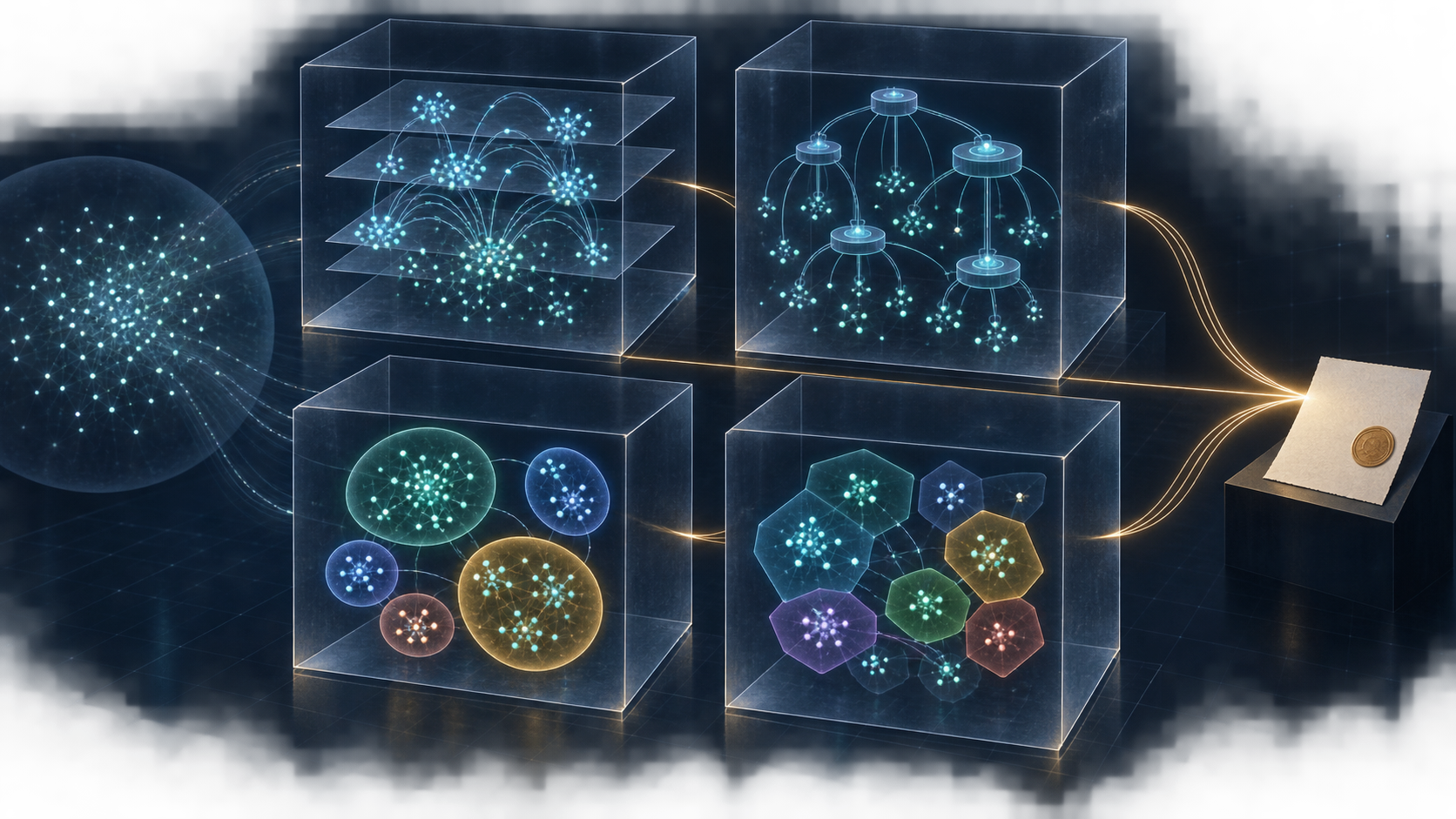 One website-origin constellation is reorganised inside four glass measurement chambers before four audit trails converge on a decision receipt.
