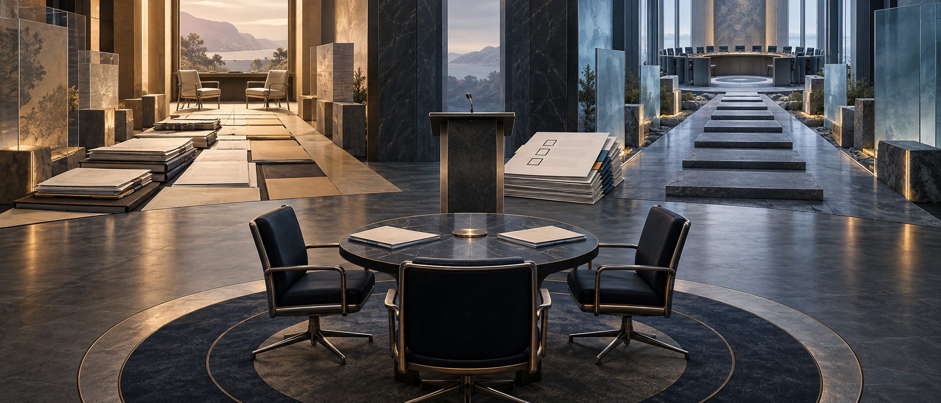 Three empty dialogue chairs face a briefing lectern where the floor divides into an unchosen contract route and policy route.