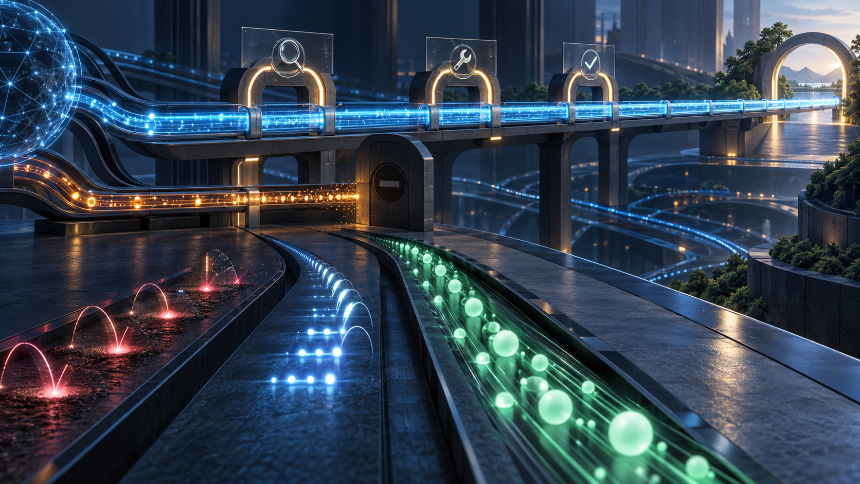 A continuing blue DNS delegation diagnostic rail passes through verification gates while a separate amber bulk-alert rail stops at a closed gate.
