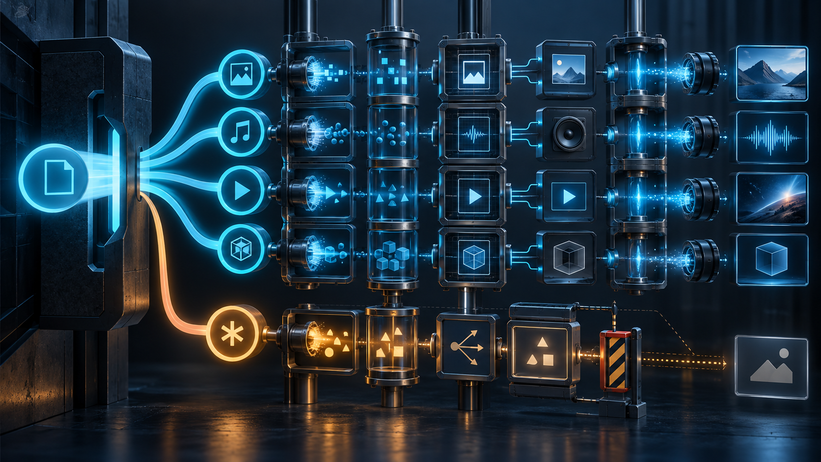 An abstract registry gate splits a media token into several subtype paths, while an amber generic-dispatch branch stops at a guarded validation checkpoint.