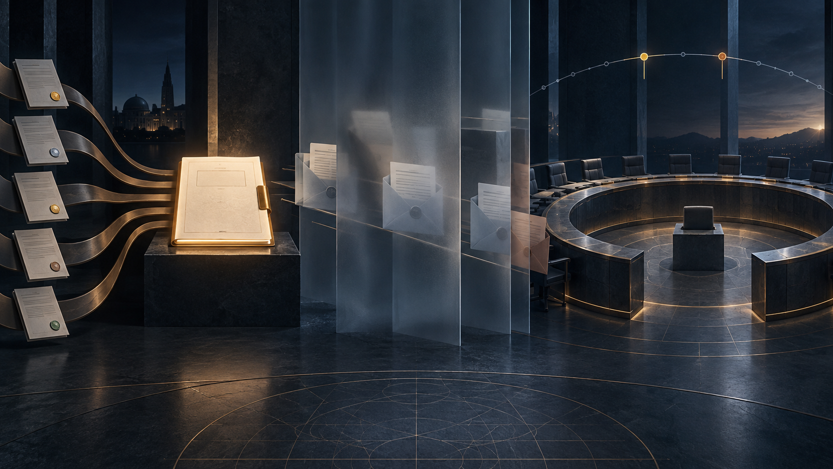 Several nomination paths converge on one illuminated dossier while sealed feedback passes behind frosted screens toward an empty, open decision chamber.
