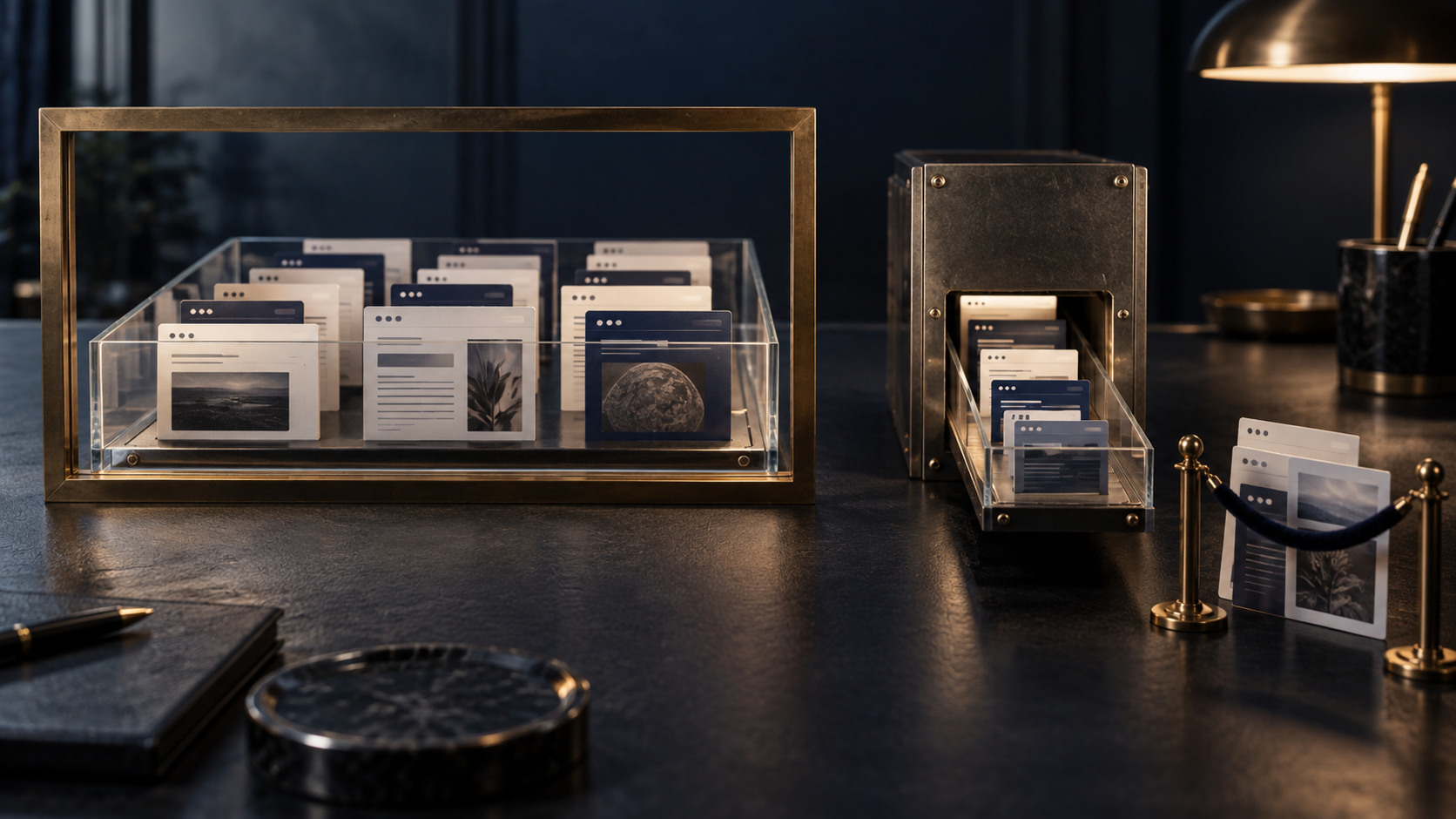 Two separate trays of abstract website cards pass through different viewing frames, with some cards outside the narrower automated gate.