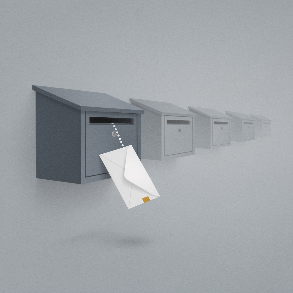Restrained flat editorial illustration of a plain unmarked wall-mounted post box with a single blank envelope dropping toward its slot, and a receding row of identical plain post boxes fading into soft grey haze behind it