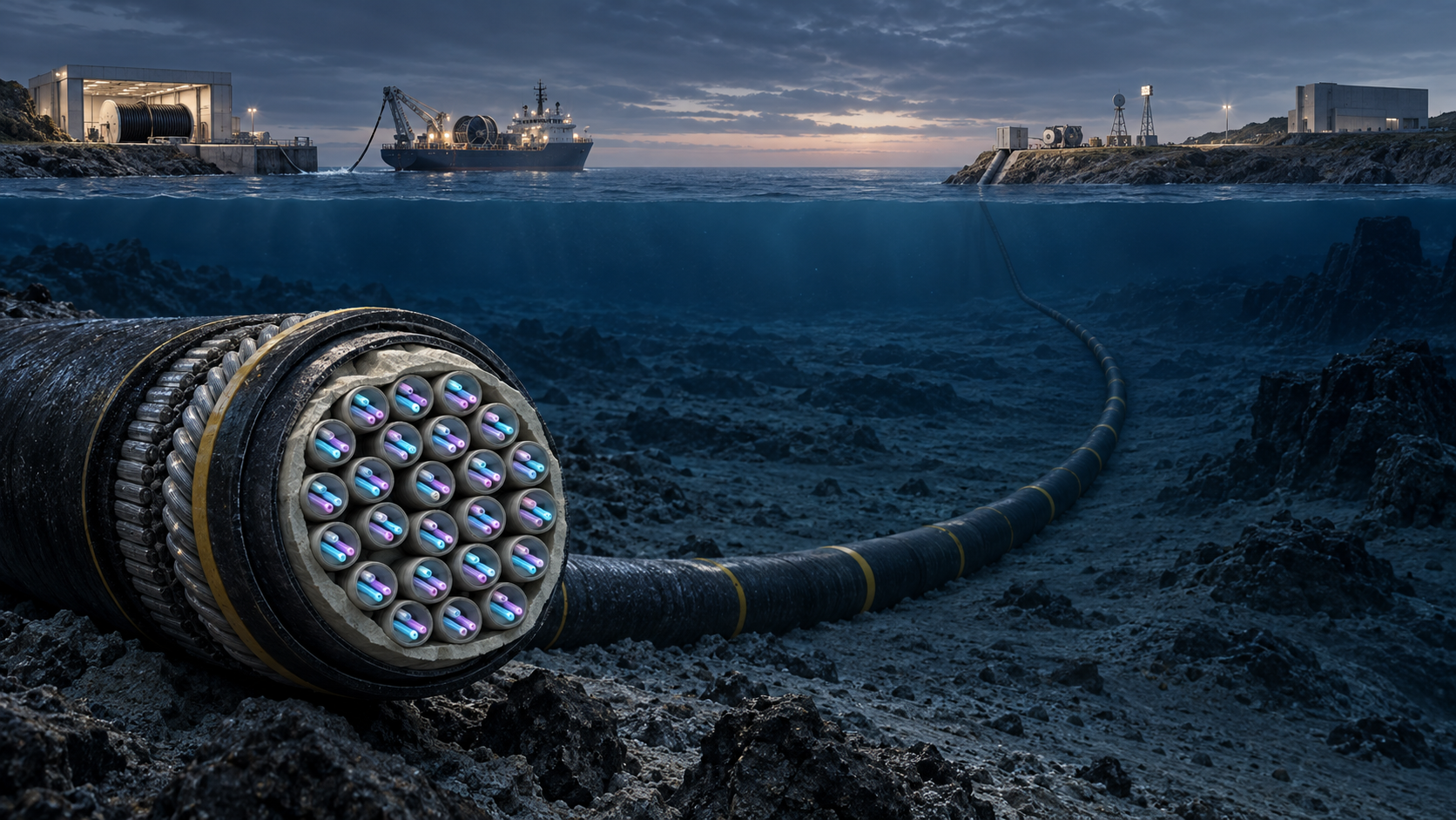 A cutaway subsea cable with paired luminous fibre cores rests on the seabed between a cable-laying ship and separate shore facilities that are not yet operating as one route.