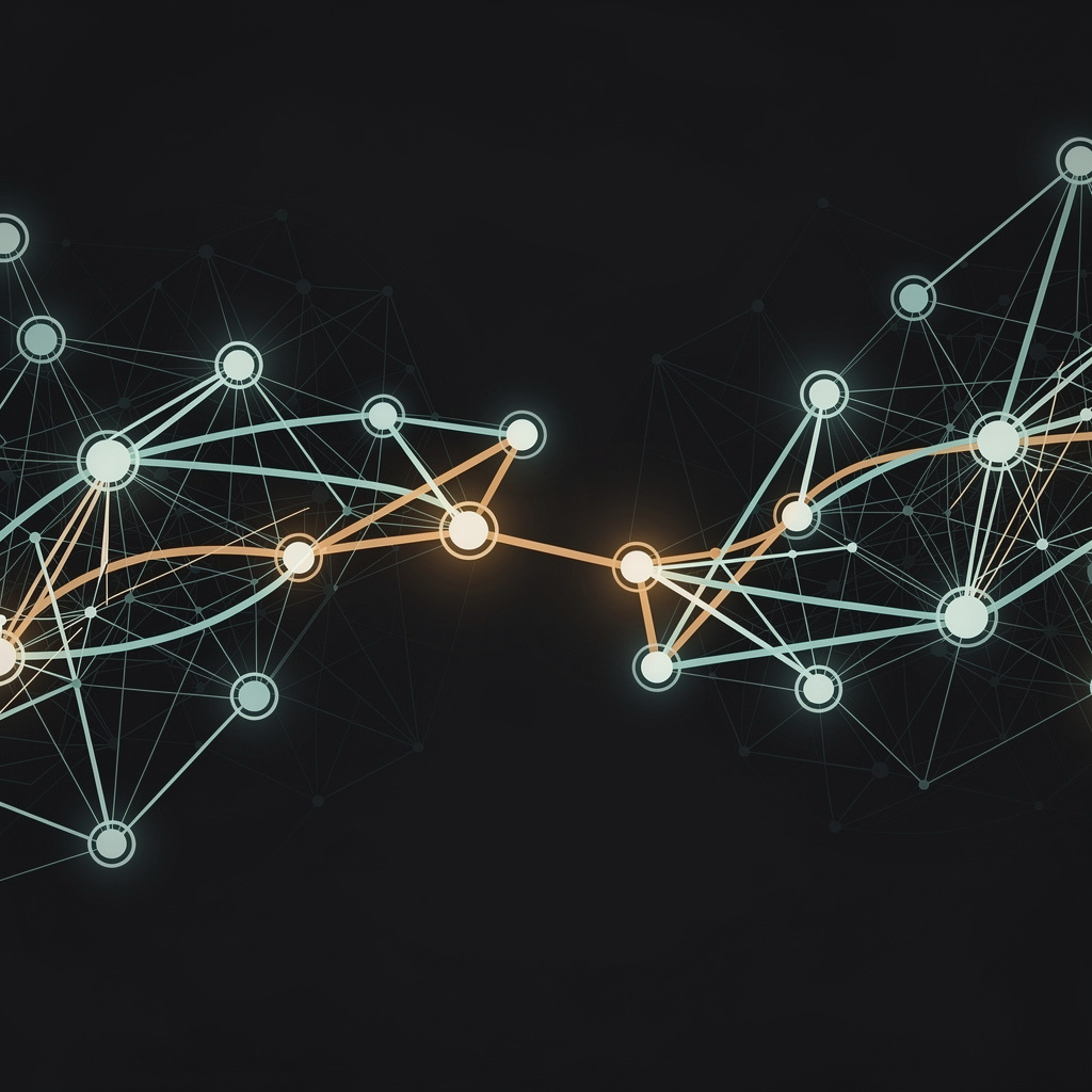 Abstract network topology visualization showing BGP route paths for AS210973 diverging between two route-server viewpoints