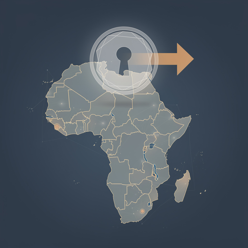 Editorial illustration of AFRINIC's governance control surface under court-appointed receivership: an Africa-shaped network of interconnection nodes beneath a clean translucent seal outline with a forward-pointing transition arrow