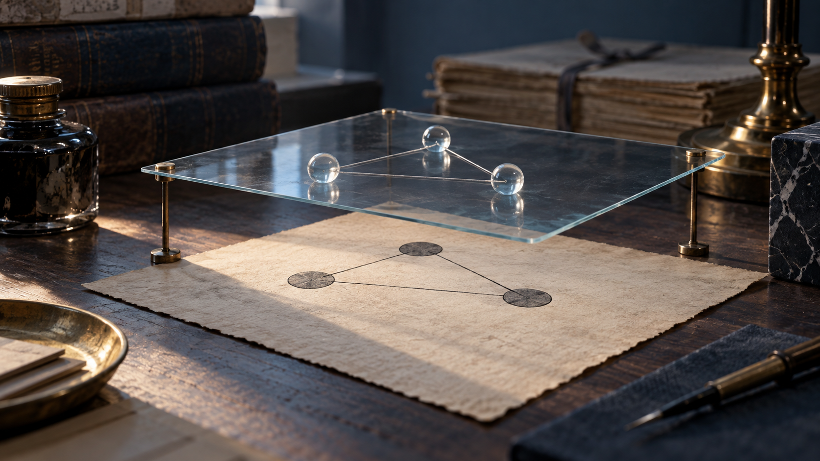 A three-node relation on a raised glass layer remains separate from a similar relation inked on paper beneath it.