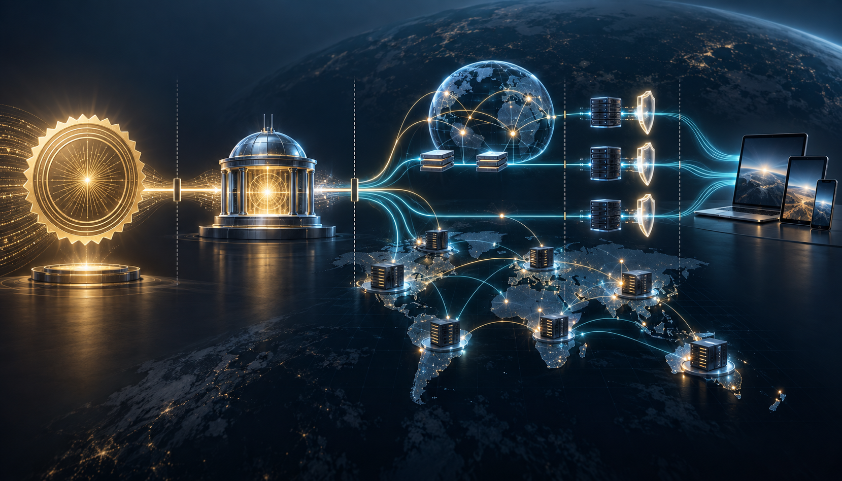 A certificate seal and authority node lead toward DNS routes, a global CDN edge fleet, separate TLS gates and client devices, with visible breaks between the evidence stages.