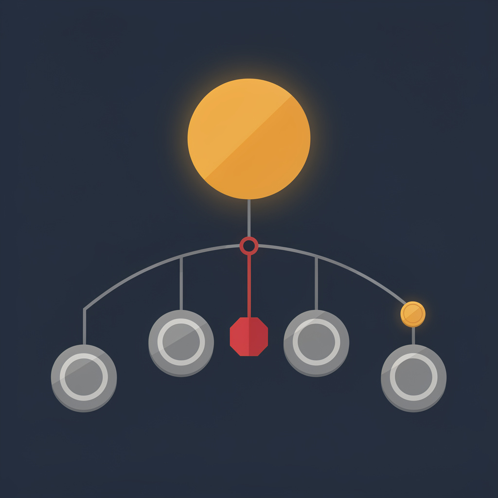 Abstracted corporate structure diagram motif: one dominant amber parent node connected to grey subsidiary nodes, with a red restriction marker and an amber financing disc