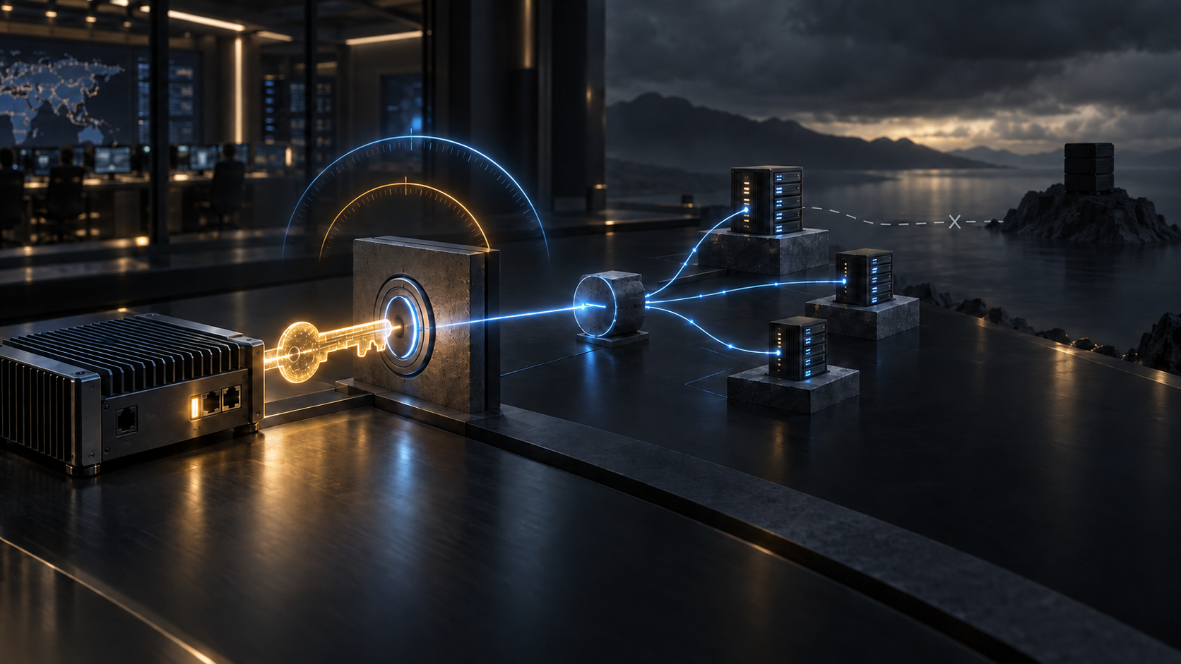 An edge device presents an amber key to a registration gateway while a blue publication path reaches authoritative nodes but breaks before a dark service endpoint.